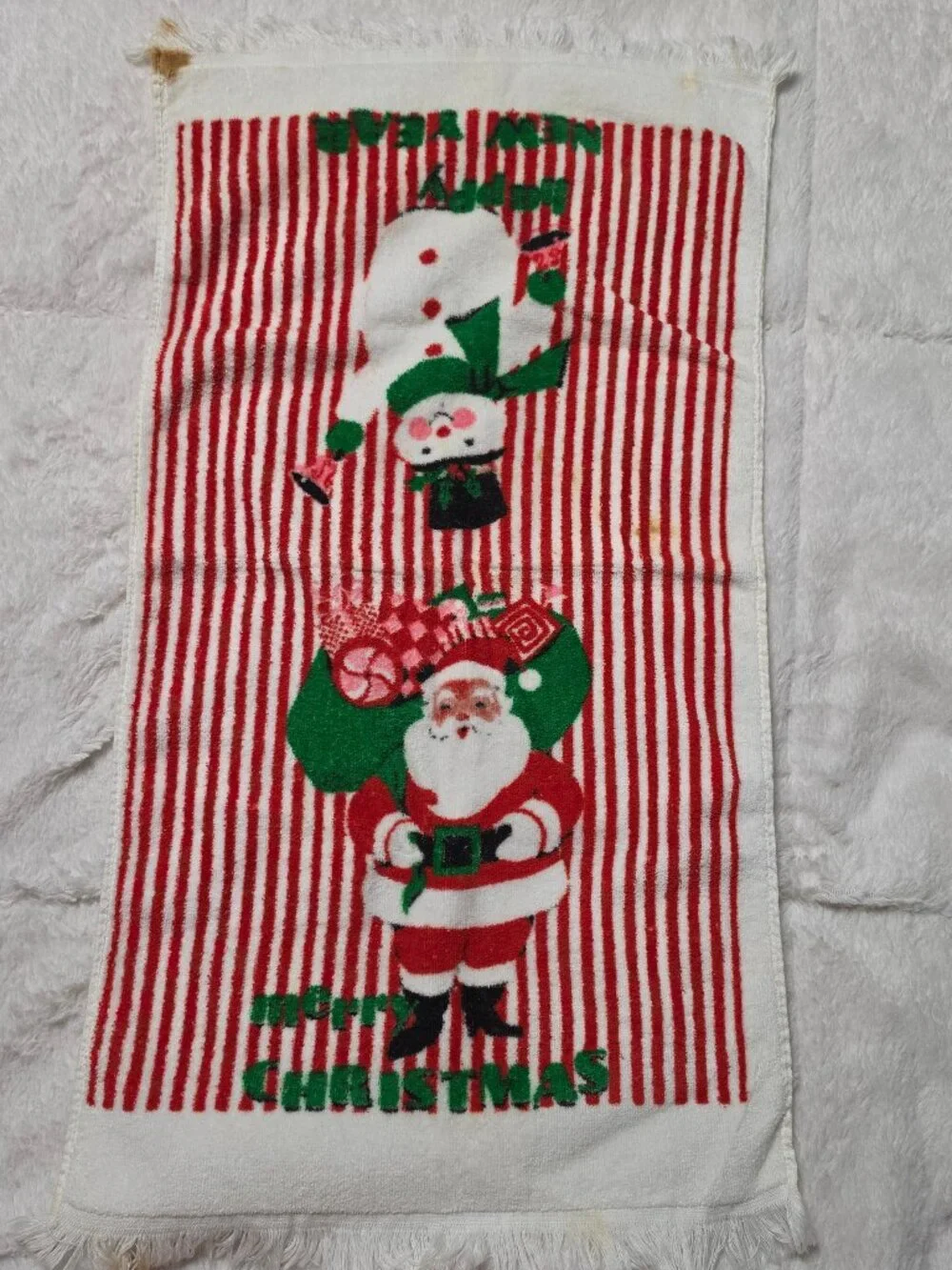 Vtg 70s Royal Terry Christmas New Years Hand Towel Santa Snowman Candy Stripe